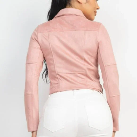 Women's Notch Zippered Suede Rider Jacket - Pink - Picture 3 of 4
